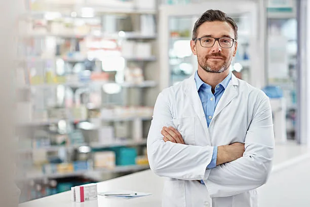 Erfahrener Apotheker in einer modernen, vertrauenswürdigen Apothekenumgebung