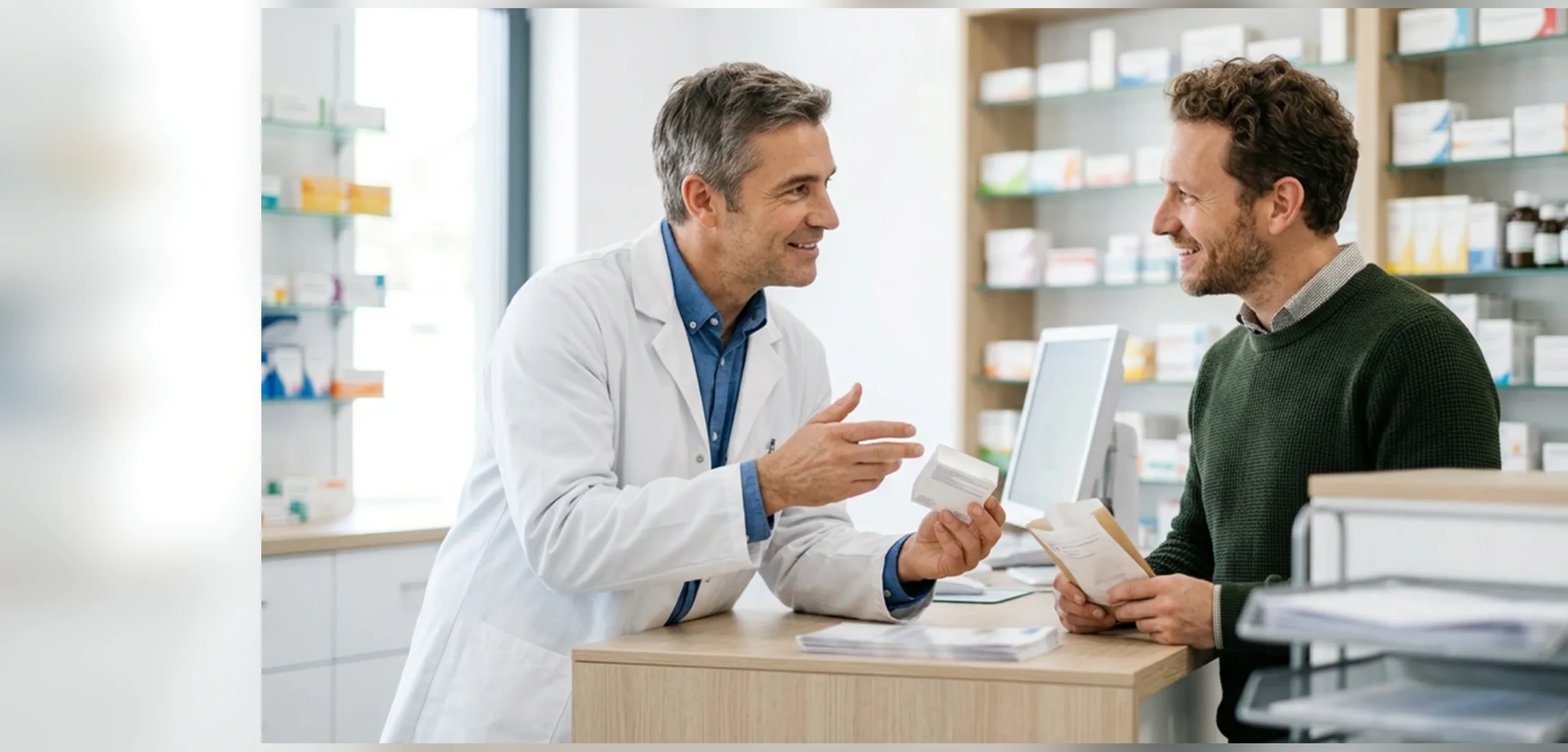 Apotheker berät einen männlichen Kunden persönlich in einer Apotheke.